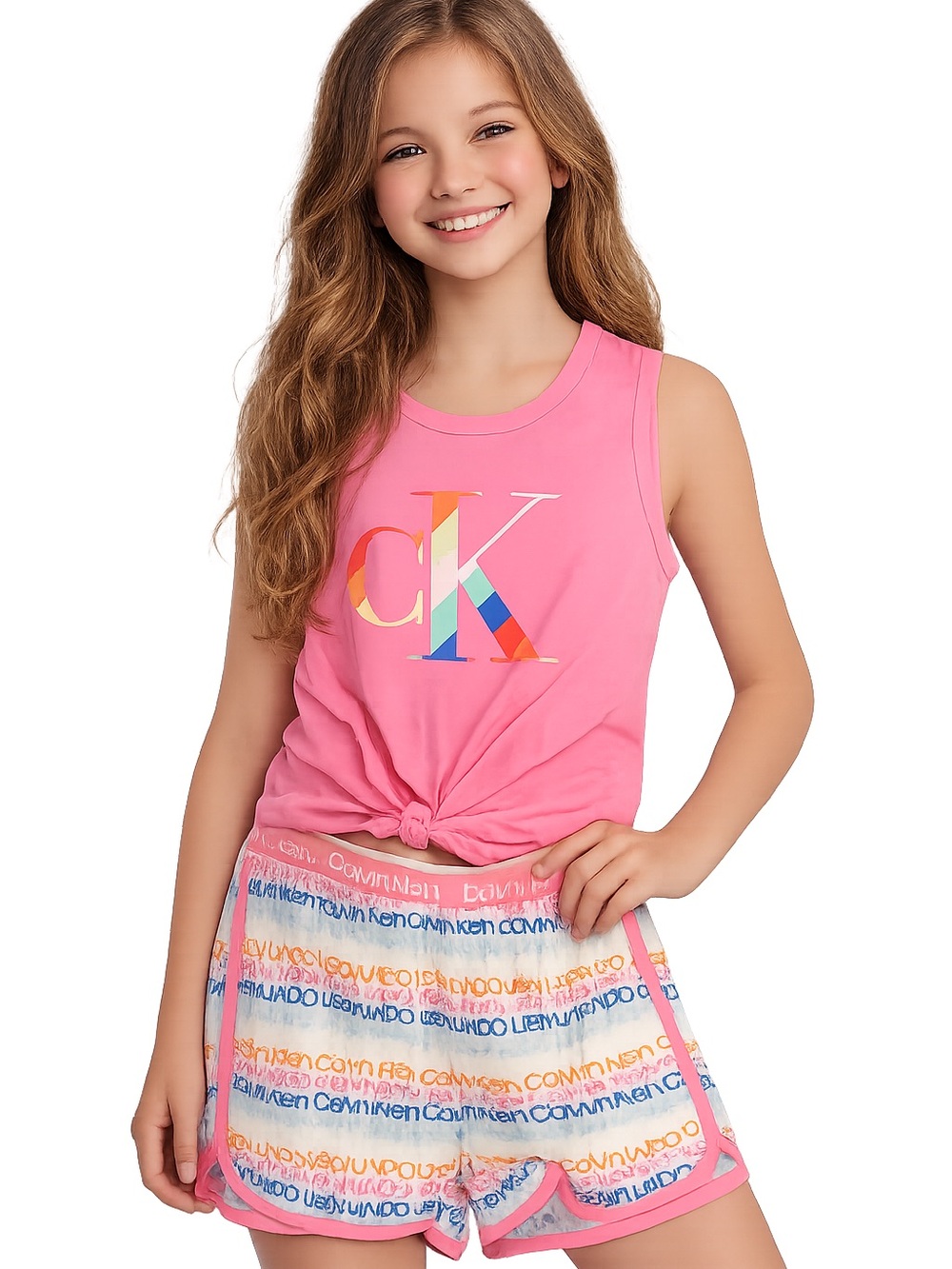 Calvin Klein Girls' Pink Tank with Multicolor CK Logo